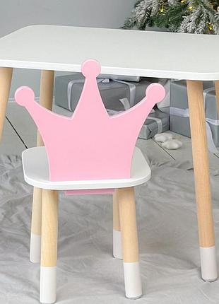Прямоугольный стол и стул детский розовая корона. столик для уроков, игр, еды.