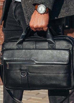 Брендова чоловіча сумка для ноутбука шкіряна сумка-портфель для документів та ноутбука чорна на блискавці