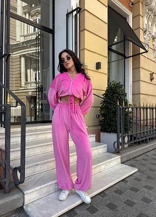 Рожевий велюровий спортивний костюм оверсайз кофта на змійці блискавці і штани аладіни плюшевий велюр спорт