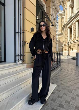 Чорний велюровий спортивний костюм оверсайз кофта на змійці блискавці і штани аладіни плюшевий велюр спорт