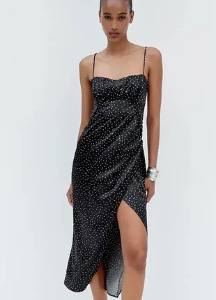 Эффектное сатиновое платье- комбинация миди в горох с открытой спиной/slip dress новая коллекция zara