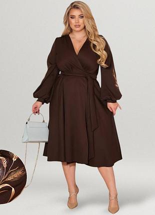 Платье женские миди на запах с вышивкой колоски трапеция v вырез рукава фонарики праздничное вечернее платье батал коричневое шоколадное