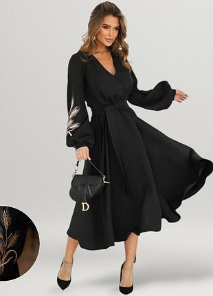 Платье женские миди на запах с вышивкой коллоски трапеция v вырез рукава фонарики праздничное вечернее повседневное платье батал черная