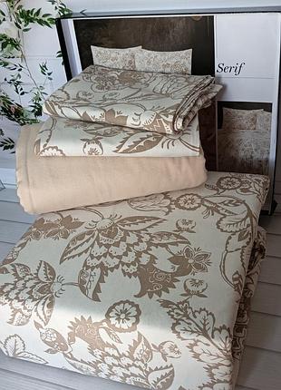 Постельное белье фланель (байка) 100% хлопок. евро размер. турция тёплая зимняя постель, бежевый вензель цветы.