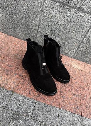 Натуральная замша, классические черные женские деми ботинки