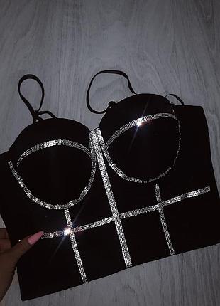 Роскошный корсет топ камни стразы  пуш ап черный белый