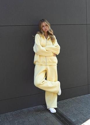 Спортивный костюм на флисе с кофтой на молнии с капюшоном с широкими брюками с кулисками по низу