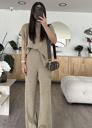 Штаны с широкими штанинами zara трикотажные брюки зара широкие штаны с высокой посадкой