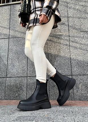 Натуральная кожа, крутые черные женские зимние челси