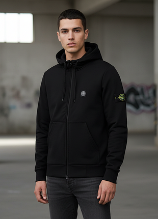 Чоловіча зимова худі stone island на флісі, zip, чорна преміум якість
