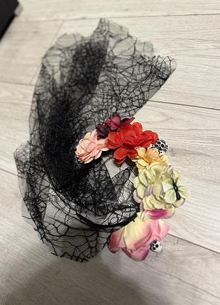 Обруч на хелоуін, чорна фата з черепами