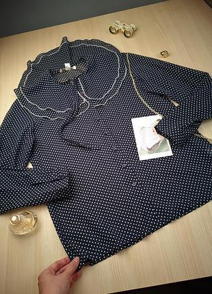 Блуза в горошок бавовна комір великий на гудзиках блузка хлопок горох воротник синий милая винтажная