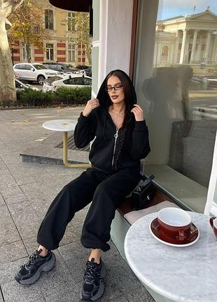 Женский утепленный костюм оверсайз: зип худи и штаны палаццо