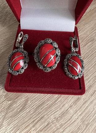 Сережки, каблучка, комплект срібний 925 проби, марказити, срібло, серьги серебро, перстень, кольцо