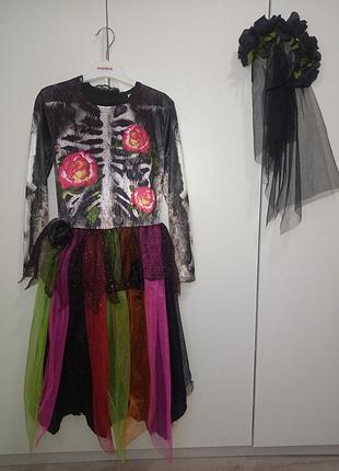 Карнавальное платье костюм платья на хелловин halloween скелета катрина ведьма ведьма ведьмочка колдунья волшебница мадам коко ослабленная невеста 11-12 лет