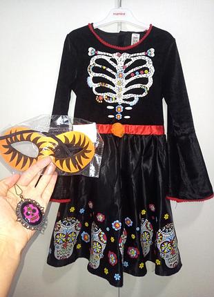 Карнавальное платье костюм платья на хелловин halloween скелета катрина мадам коко ведьм ведьмочка колдунья волшебница мертвая маскарад 9-10 лет 140