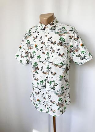 H&m белая гавайка гавайская рубашка сорочка тенниска пляжная летняя принт пляж пальмы океан