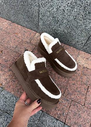 Натуральная замша, коричневые женские зимние лоферы ❄️