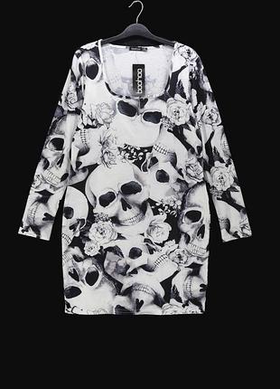Новое тематическое трикотажное платье мини "boohoo" с черепами, uk16/eur44.