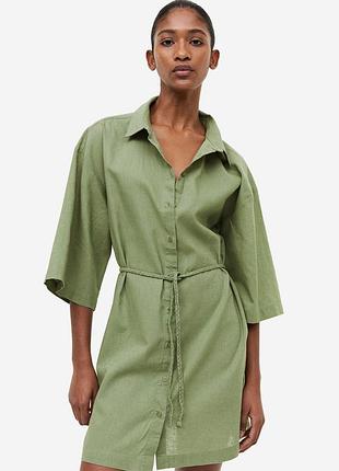 H&amp;m новое льняное рубашка платье трапеция, туника кимоно с прядкой хаки