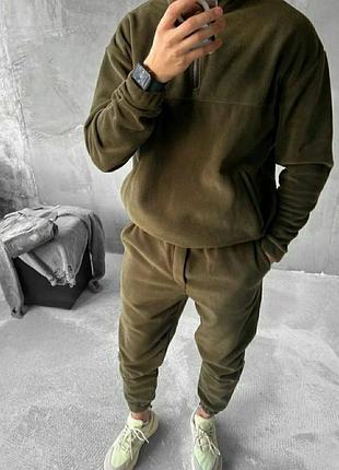 Мужской флисовый костюм теплый спортивный двойка кофта худи штаны джоггеры флис осень зима хаки