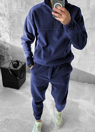Мужской теплый флисовый спортивный костюм двойка кофта худи штаны джоггеры осень зима флис синий