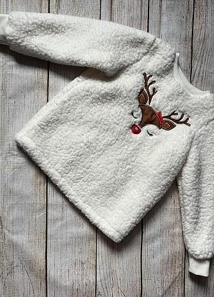 Светр світшот дитячий теплий тедді новорічний з оленем 4 р. світло-бежевий