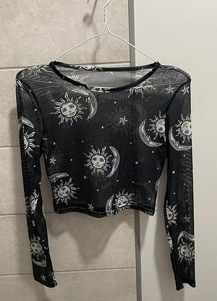 Прозорий сітчастий топ із принтом сонце/місяць