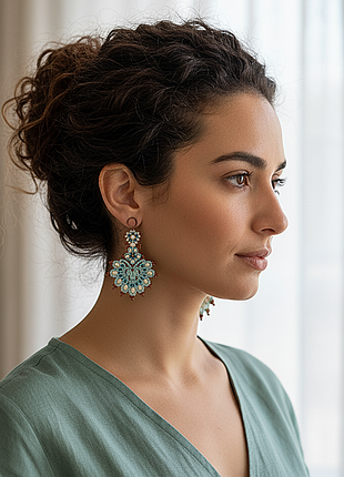 Кружевные серьги ручной работы с бисером в мятно-коричневых тонах