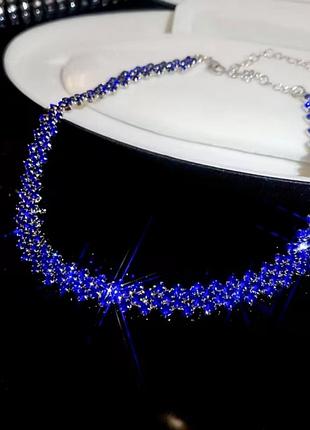 Колье женское чокер стразы синие вечерний новый