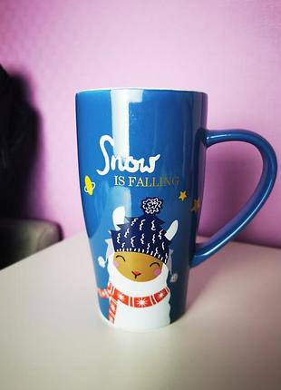 Чашка кружка для чая высокая 500 мл новий рік новорічна новогодняя зима овечка в шапке snow is falling ☃️❄️❄️❄️🌲