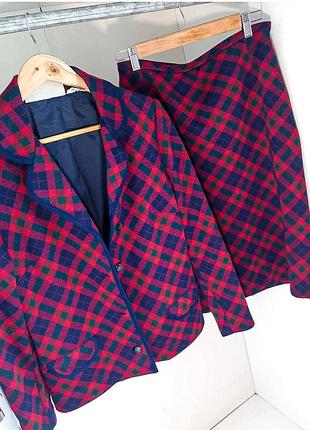 Винтажный английский шерстяной костюм двойка . юбка пиджак жакет шерсть в клетку