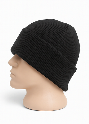 В’язана шапка з флісовою підкладкою чорна — тепла подвійна зимова шапка універсального розміру