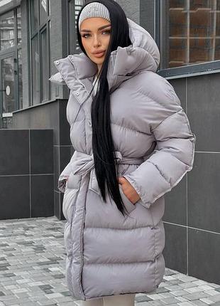 Пуховик жіночий з капюшоном куртка подовжена зима плащівка сірий 42-50 рр