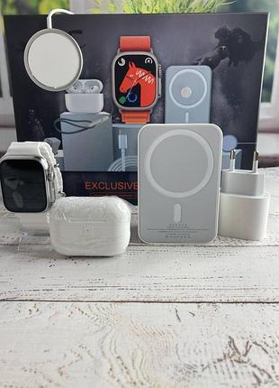 Набор 6 в 1 смарт часы smartwatch ultra наушники airpods magsafe блок питания безпроводная зарядка + кабеля