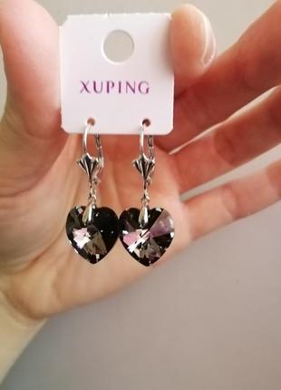 💎шикарні!👑💖сережки хр родій 18к з кр-ми swarovski "серце"," чорний кристал""