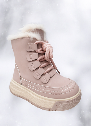 Лимитированная коллекция ботинки зимние детские для девочки,розовые, на замочке и шнуровке, овчине платформе, верх экокожа
