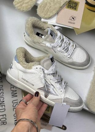 Кеды женские кожаные белые серебристой звездой утеплённые мех зимние