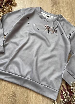 Світшот утеплений на флісі з малюнком котика кішки з котячими лапками