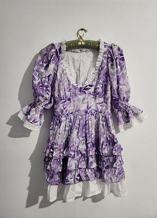 Цветочное хлопковое платье в винтажном стиле цветы рюши воланы сарафан декольте рукава фонарики корсет