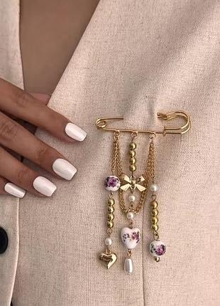 Брошка булавка з керамічними вставками та перлинами шпилька підвіска