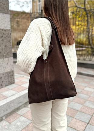 Сумка шопер "лінда", натуральна замша, коричневий колір, шоколадний