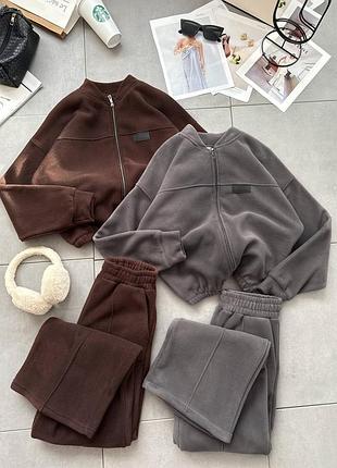 ❗️ 4 кольори ❗️ теплий флісовий костюм кофта на змійці та штани широкі зима осінь чорний марсала шоколадний графітовий