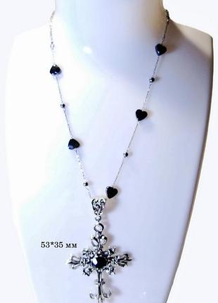Винтажный крест с черным кристаллом и сердечки из гематита в стиле неоготика, хэллоуин.
