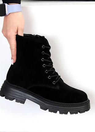 Натуральна замша, круті базові чорні жіночі зимові черевики