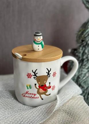 Чашка новогодняя olens новогодняя братская керамика с бамбуковой крышкой и ложкой 380 мл 102-1086-2