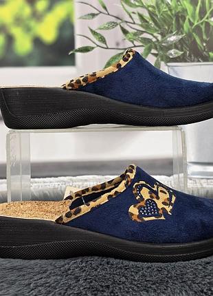 Тапочки женские для дома inblu синие велюровые с пробковой стелькой на танкетке 8122