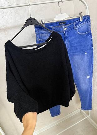 Костюм світшот чорний теплий светр плюшевий голубі сині джтнси потертостями дирками стрейчеві мом