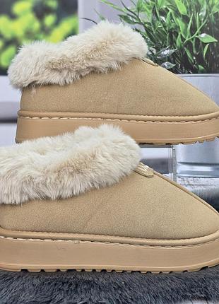Тапочки-угги женские бежевые на меху с закрытой пяткой 8131