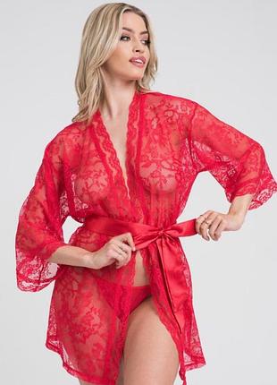 Червоний халат мереживний з поясом великий розмір